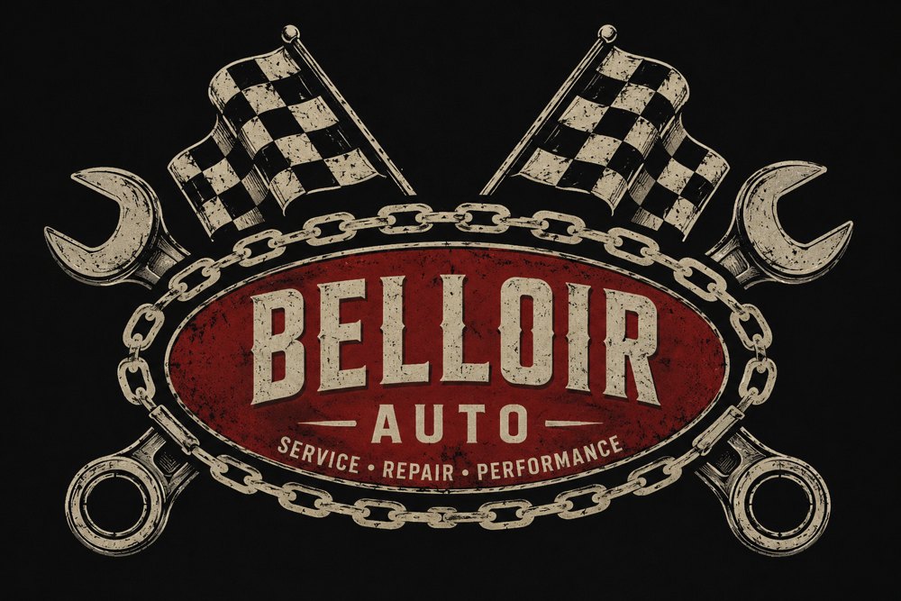 Belloir Auto - Service, Repair, Performance. Vintage badge with checkered racing flags, crossed wrenches, and chain-wrapped red oval.